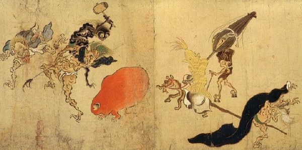 #浮世绘#室町时代的《百鬼夜行绘卷》(土佐光信)。绘有草履、杖、伞、黒布的付丧神。